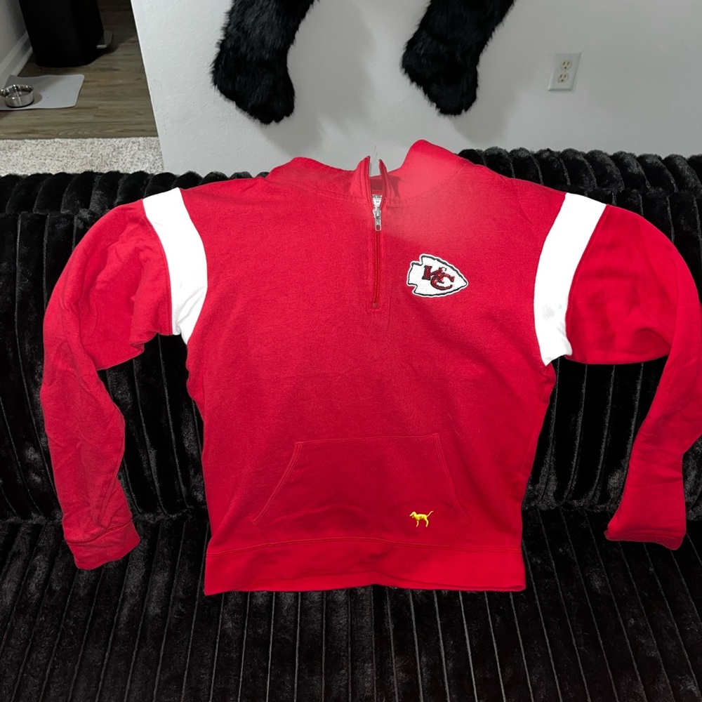 PINK Victoria's Secret Red and White Quarter-Zip Sweatshirt